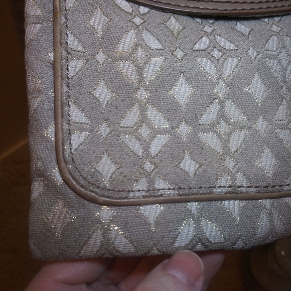 Fossil Leather Trimmed Taupe & Ivory Metallic Brocade Convertible Crossbody - Picture 7 of 15